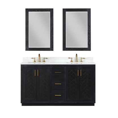 Gazsi 60" Double Bathroom Vanity Set in Black Oak with Grain White Engineered Stone Countertop with Mirror