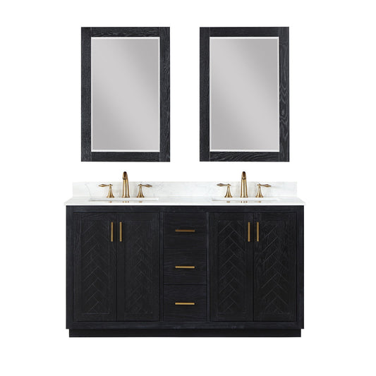 Gazsi 60" Double Bathroom Vanity Set in Black Oak with Grain White Engineered Stone Countertop with Mirror