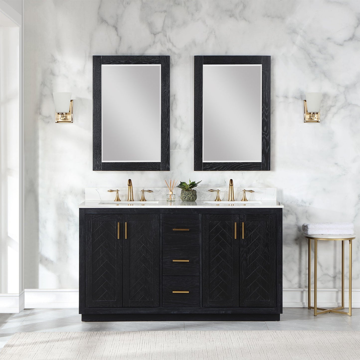 Gazsi 60" Double Bathroom Vanity Set in Black Oak with Grain White Engineered Stone Countertop with Mirror