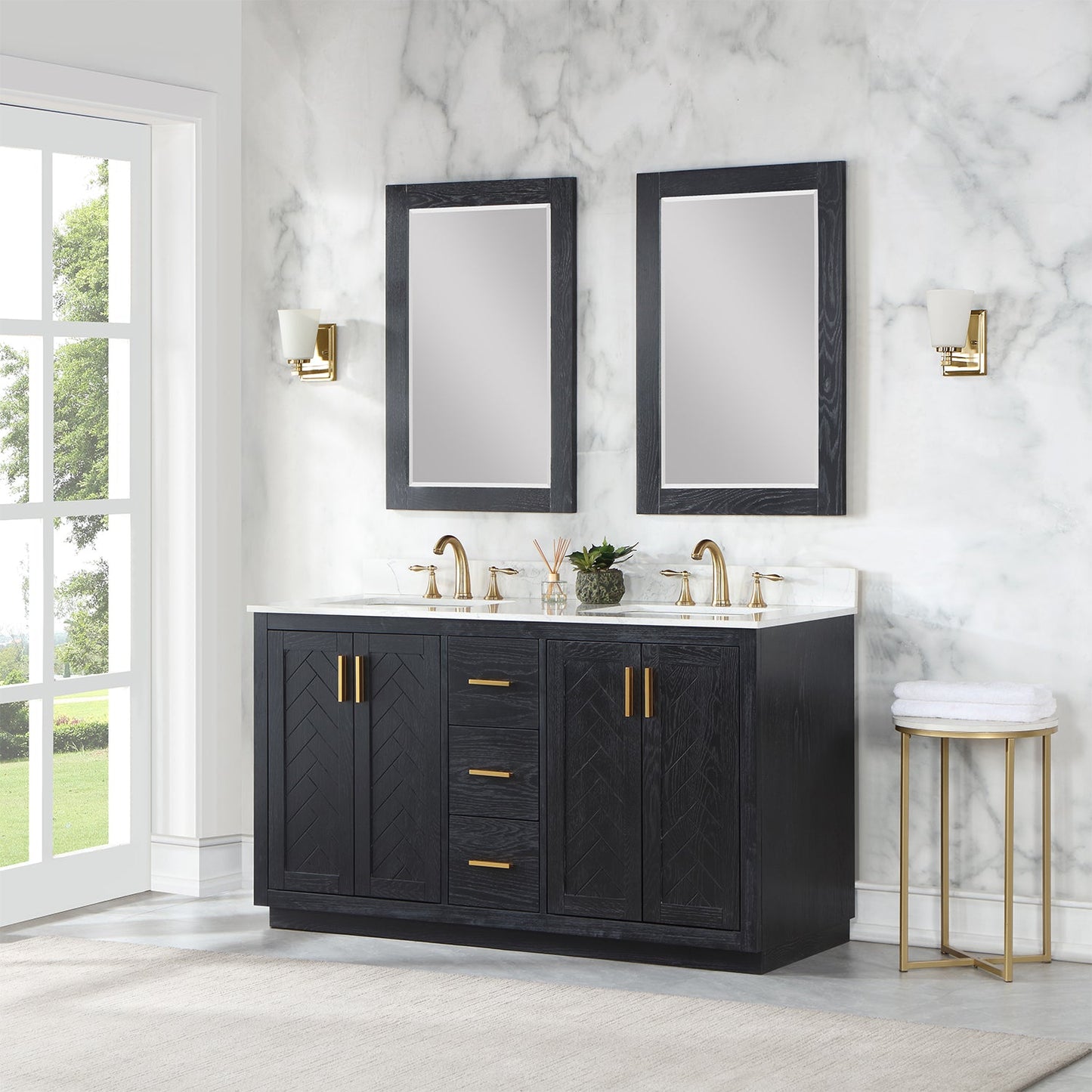 Gazsi 60" Double Bathroom Vanity Set in Black Oak with Grain White Engineered Stone Countertop with Mirror