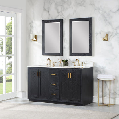 Gazsi 60" Double Bathroom Vanity Set in Black Oak with Grain White Engineered Stone Countertop with Mirror