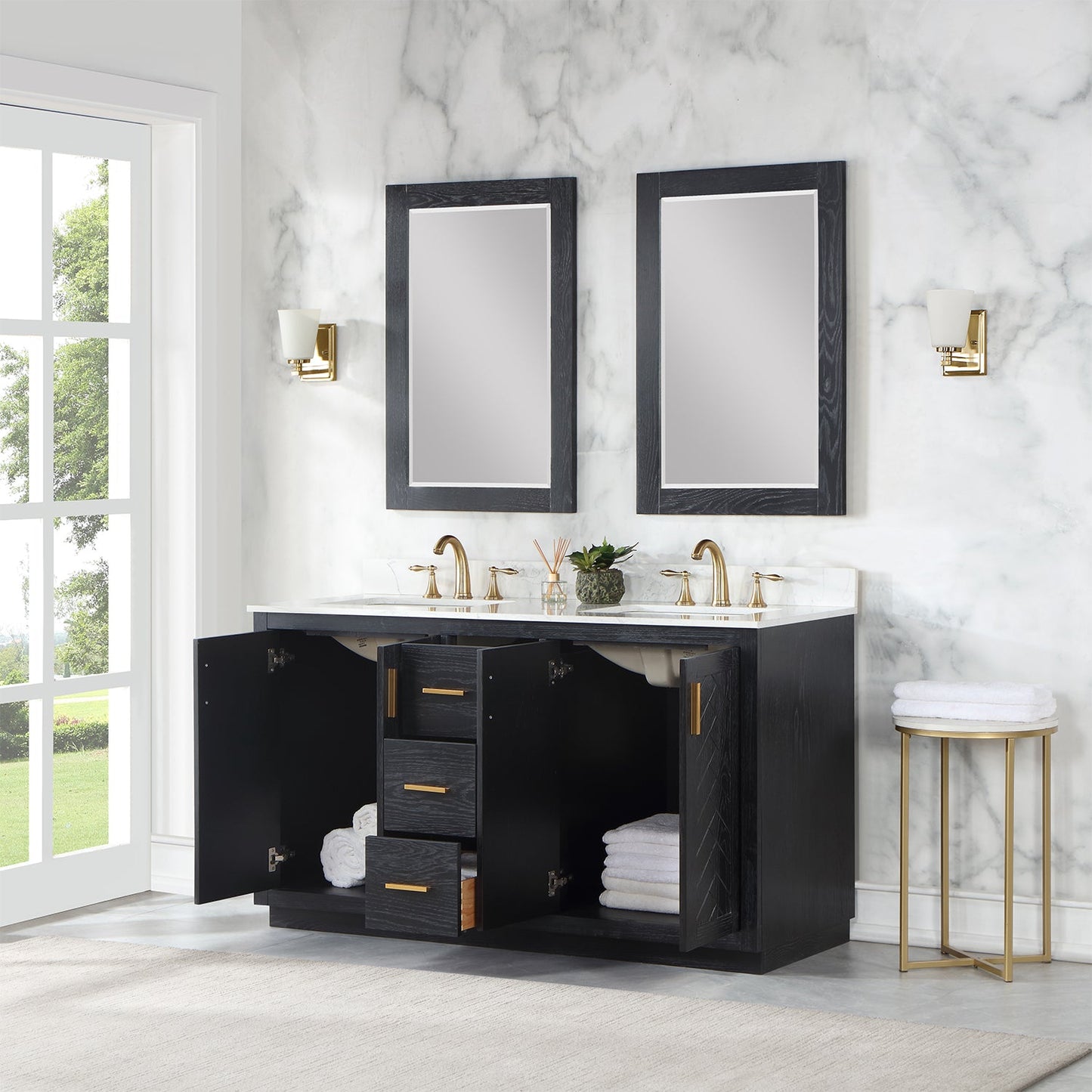 Gazsi 60" Double Bathroom Vanity Set in Black Oak with Grain White Engineered Stone Countertop with Mirror
