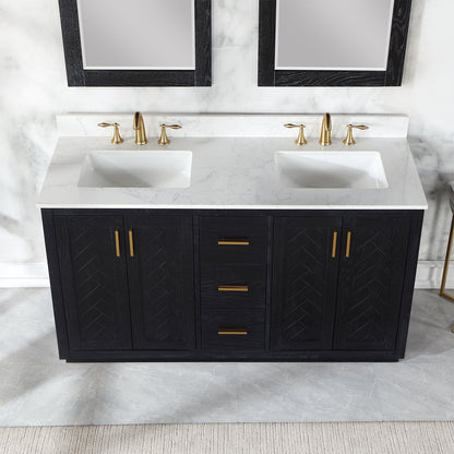 Gazsi 60" Double Bathroom Vanity Set in Black Oak with Grain White Engineered Stone Countertop with Mirror