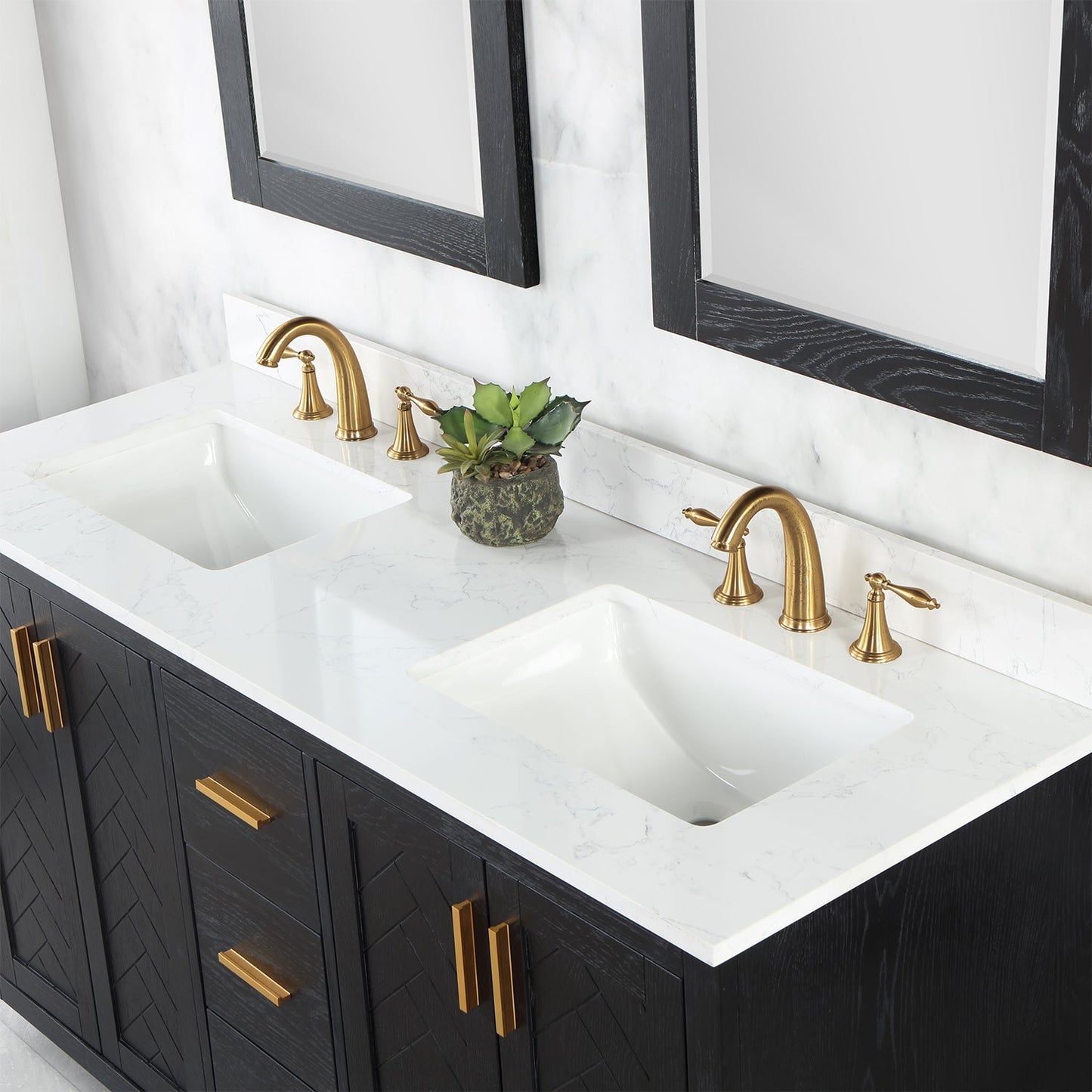 Gazsi 60" Double Bathroom Vanity Set in Black Oak with Grain White Engineered Stone Countertop with Mirror