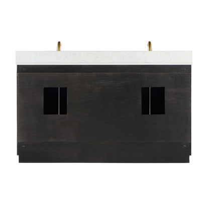 Gazsi 60" Double Bathroom Vanity Set in Black Oak with Grain White Engineered Stone Countertop with Mirror