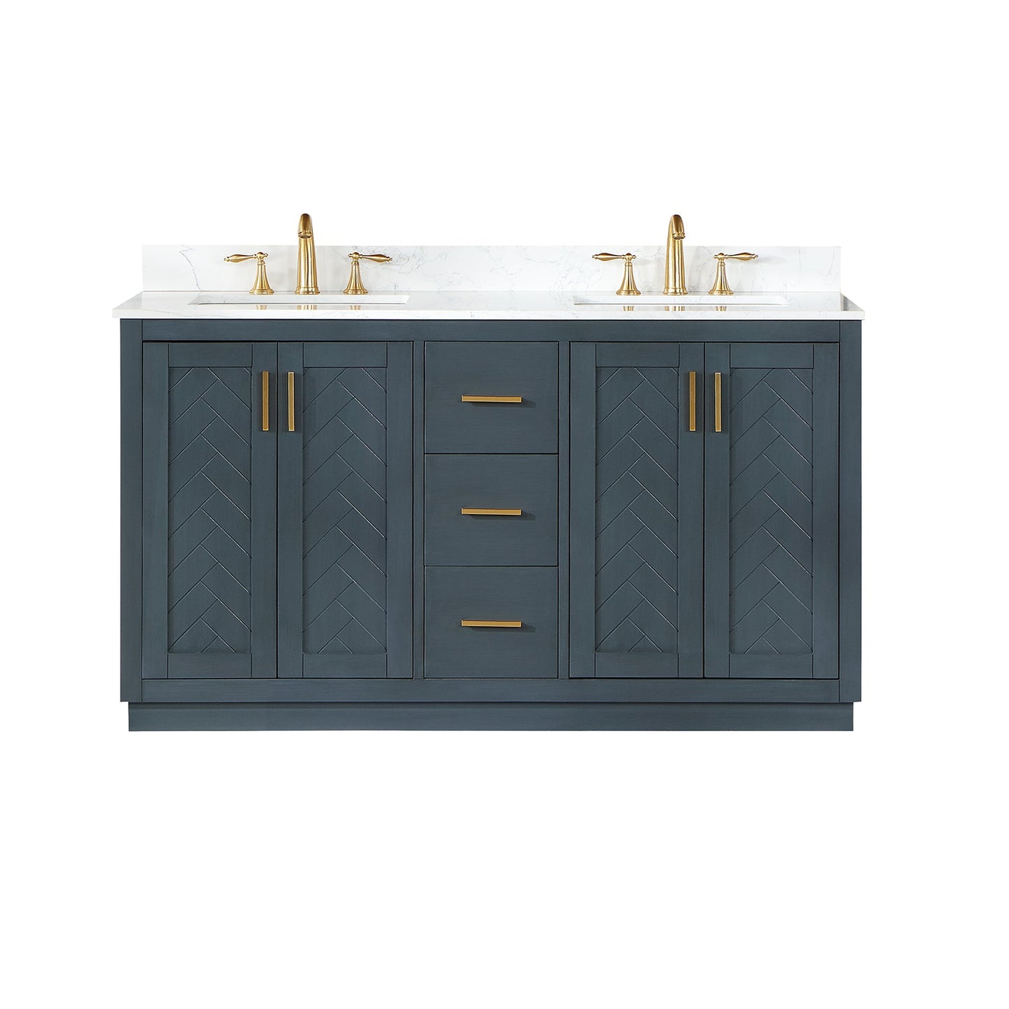 Gazsi 60" Double Bathroom Vanity Set in Classic Blue with Grain White Engineered Stone Countertop without Mirror