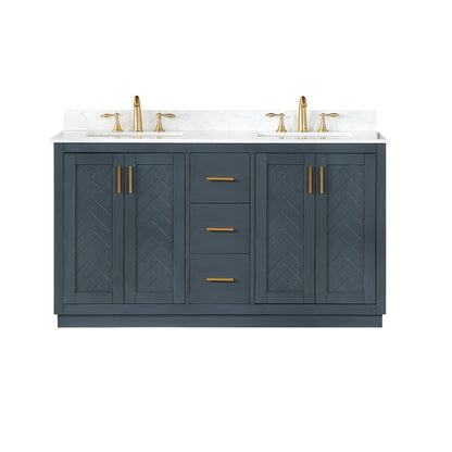 Gazsi 60" Double Bathroom Vanity Set in Classic Blue with Grain White Engineered Stone Countertop without Mirror