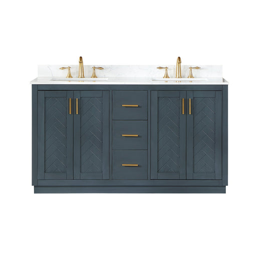 Gazsi 60" Double Bathroom Vanity Set in Classic Blue with Grain White Engineered Stone Countertop without Mirror