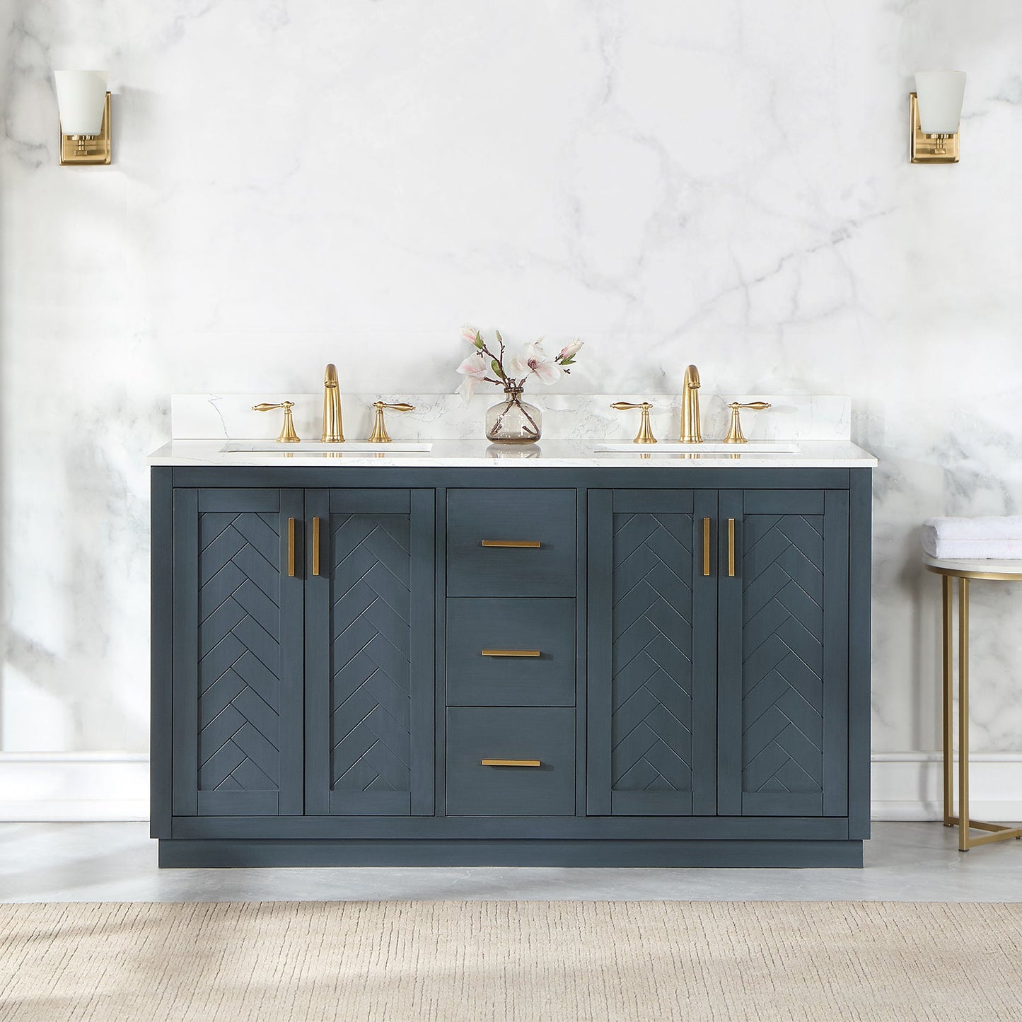 Gazsi 60" Double Bathroom Vanity Set in Classic Blue with Grain White Engineered Stone Countertop without Mirror