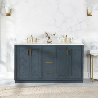 Gazsi 60" Double Bathroom Vanity Set in Classic Blue with Grain White Engineered Stone Countertop without Mirror
