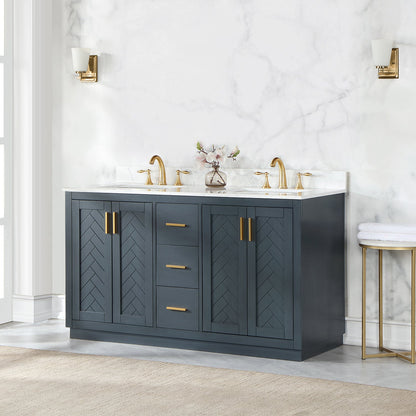 Gazsi 60" Double Bathroom Vanity Set in Classic Blue with Grain White Engineered Stone Countertop without Mirror