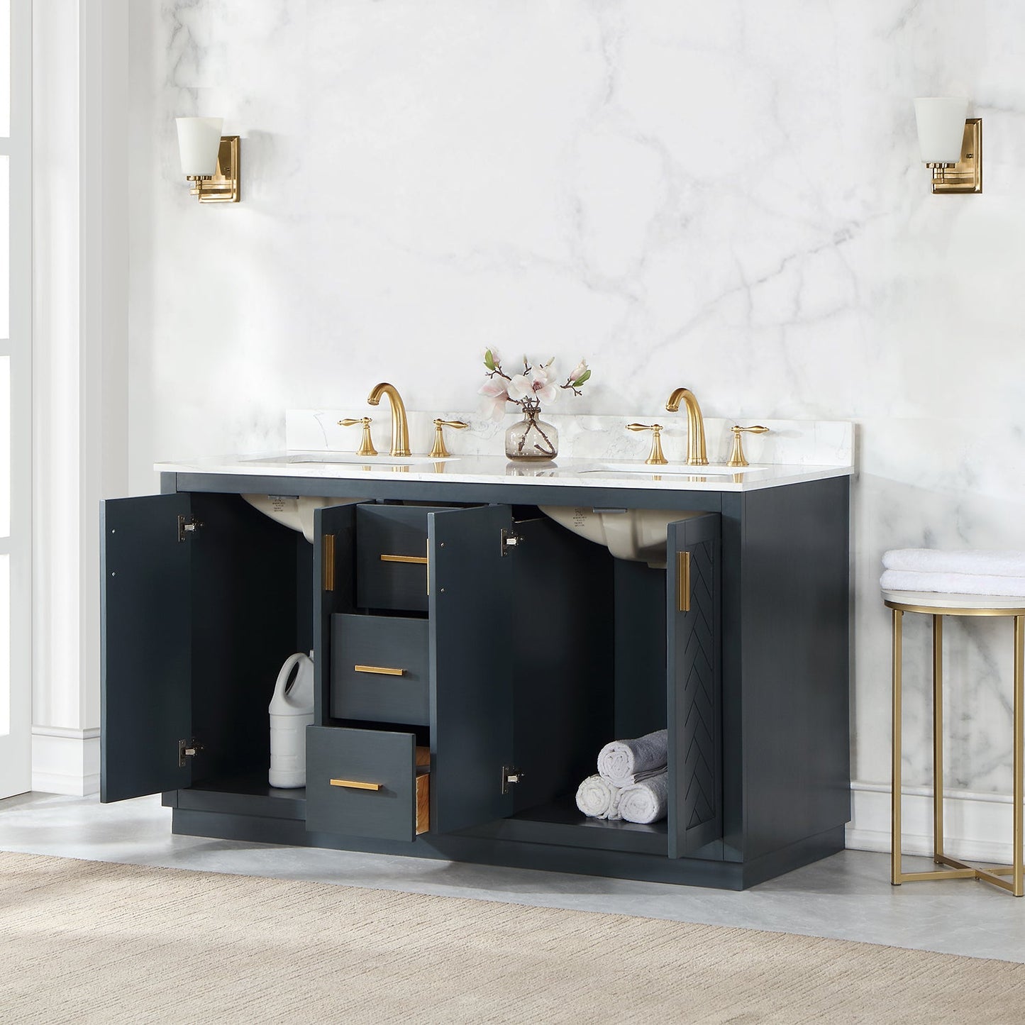 Gazsi 60" Double Bathroom Vanity Set in Classic Blue with Grain White Engineered Stone Countertop without Mirror