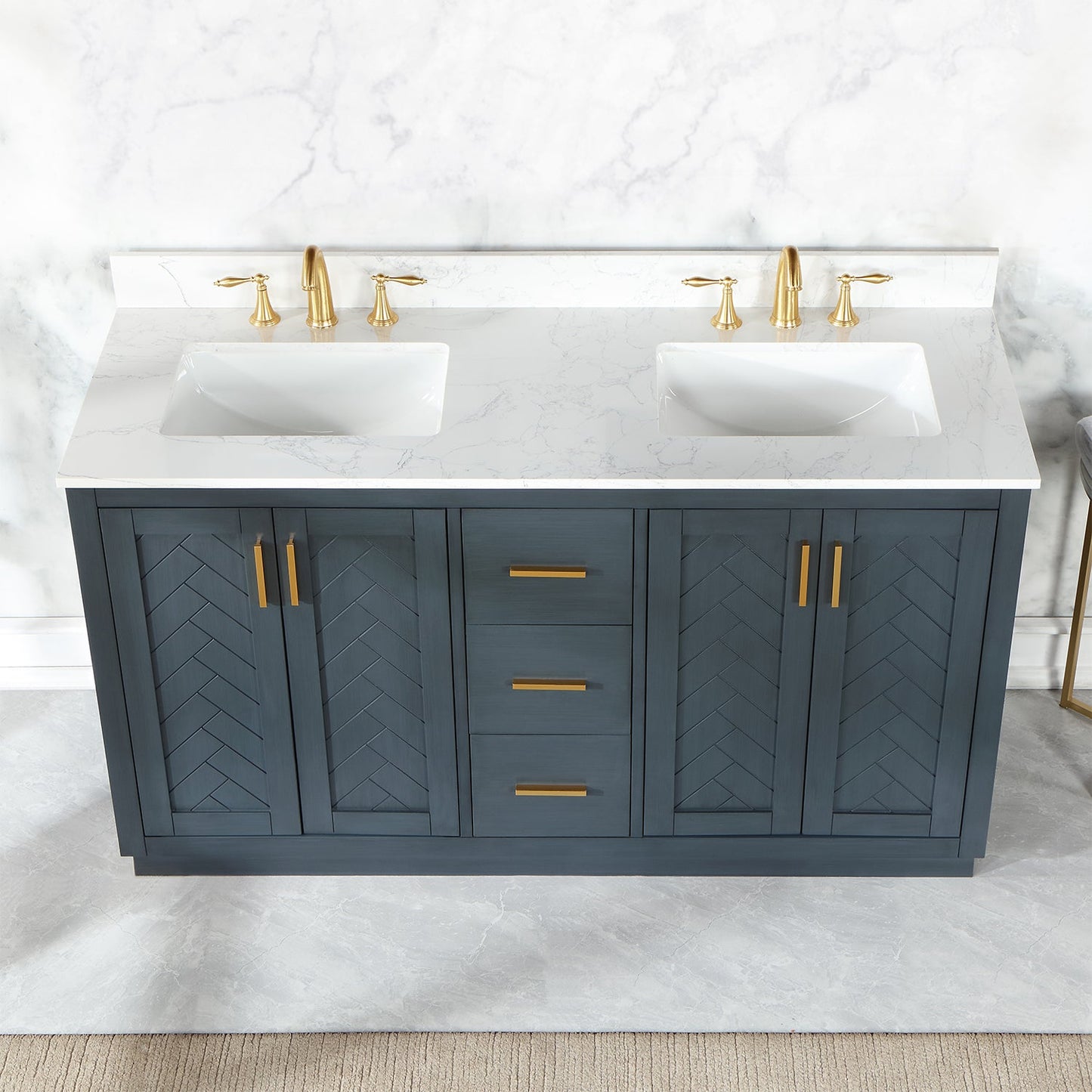 Gazsi 60" Double Bathroom Vanity Set in Classic Blue with Grain White Engineered Stone Countertop without Mirror