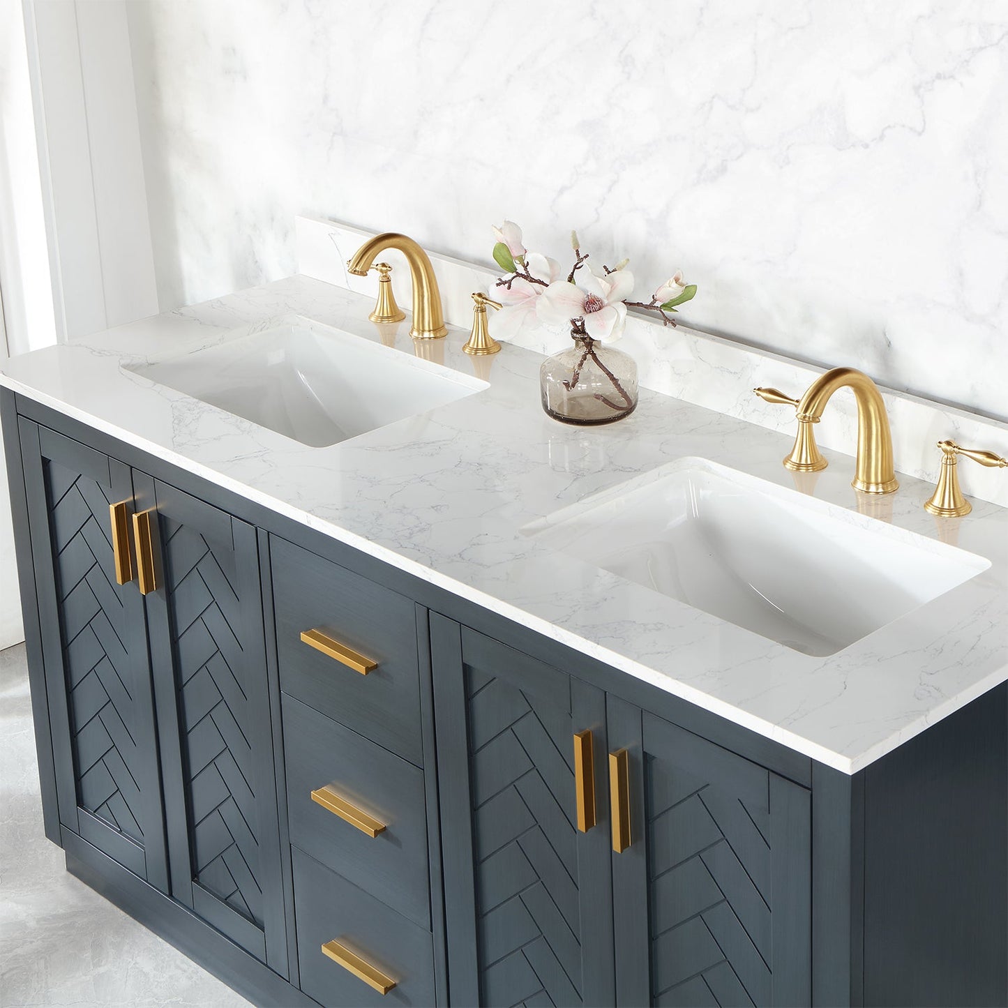 Gazsi 60" Double Bathroom Vanity Set in Classic Blue with Grain White Engineered Stone Countertop without Mirror