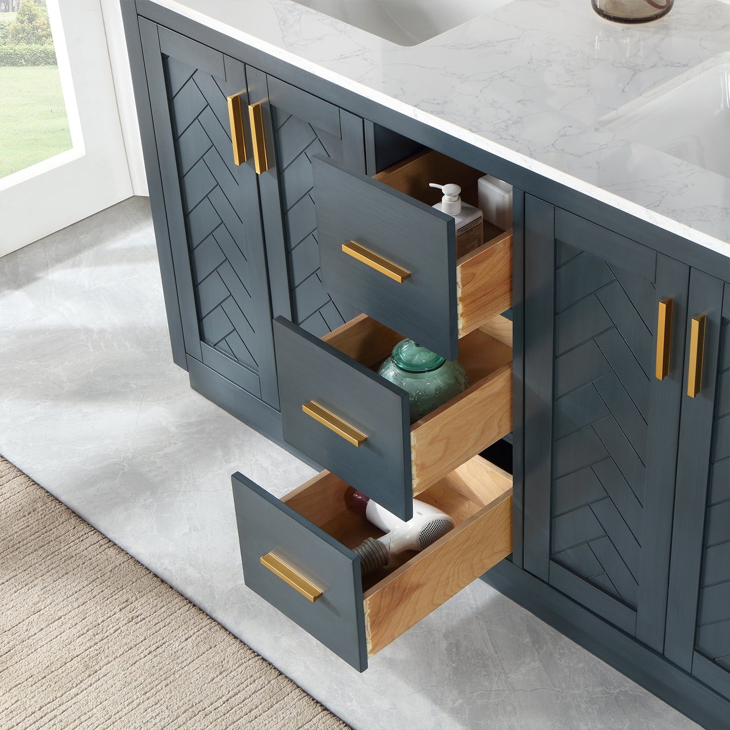 Gazsi 60" Double Bathroom Vanity Set in Classic Blue with Grain White Engineered Stone Countertop without Mirror