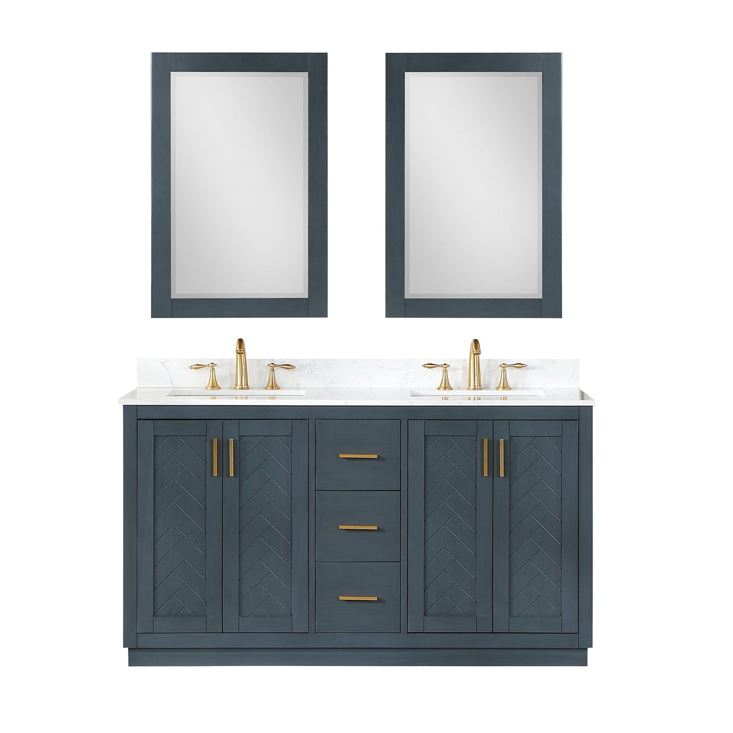 Gazsi 60" Double Bathroom Vanity Set in Classic Blue with Grain White Engineered Stone Countertop with Mirror