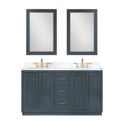 Gazsi 60" Double Bathroom Vanity Set in Classic Blue with Grain White Engineered Stone Countertop with Mirror