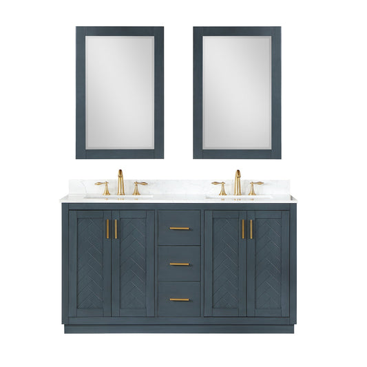 Gazsi 60" Double Bathroom Vanity Set in Classic Blue with Grain White Engineered Stone Countertop with Mirror