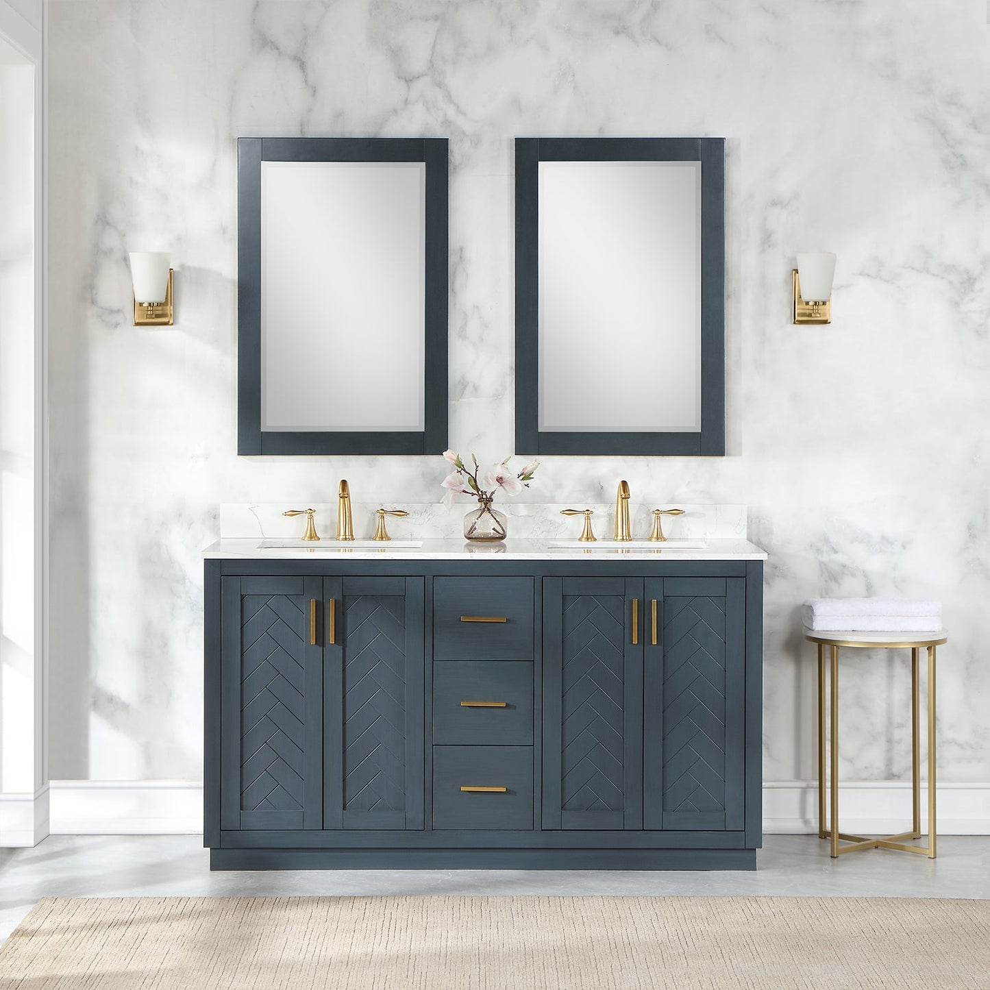 Gazsi 60" Double Bathroom Vanity Set in Classic Blue with Grain White Engineered Stone Countertop with Mirror