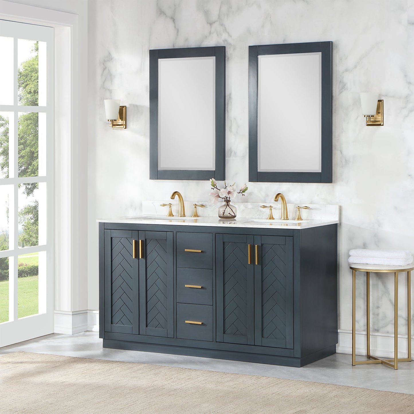 Gazsi 60" Double Bathroom Vanity Set in Classic Blue with Grain White Engineered Stone Countertop with Mirror