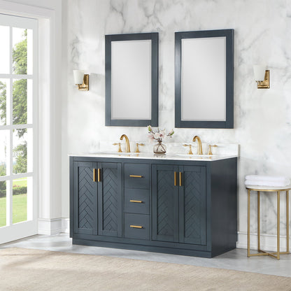Gazsi 60" Double Bathroom Vanity Set in Classic Blue with Grain White Engineered Stone Countertop with Mirror