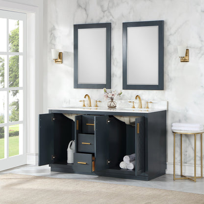 Gazsi 60" Double Bathroom Vanity Set in Classic Blue with Grain White Engineered Stone Countertop with Mirror