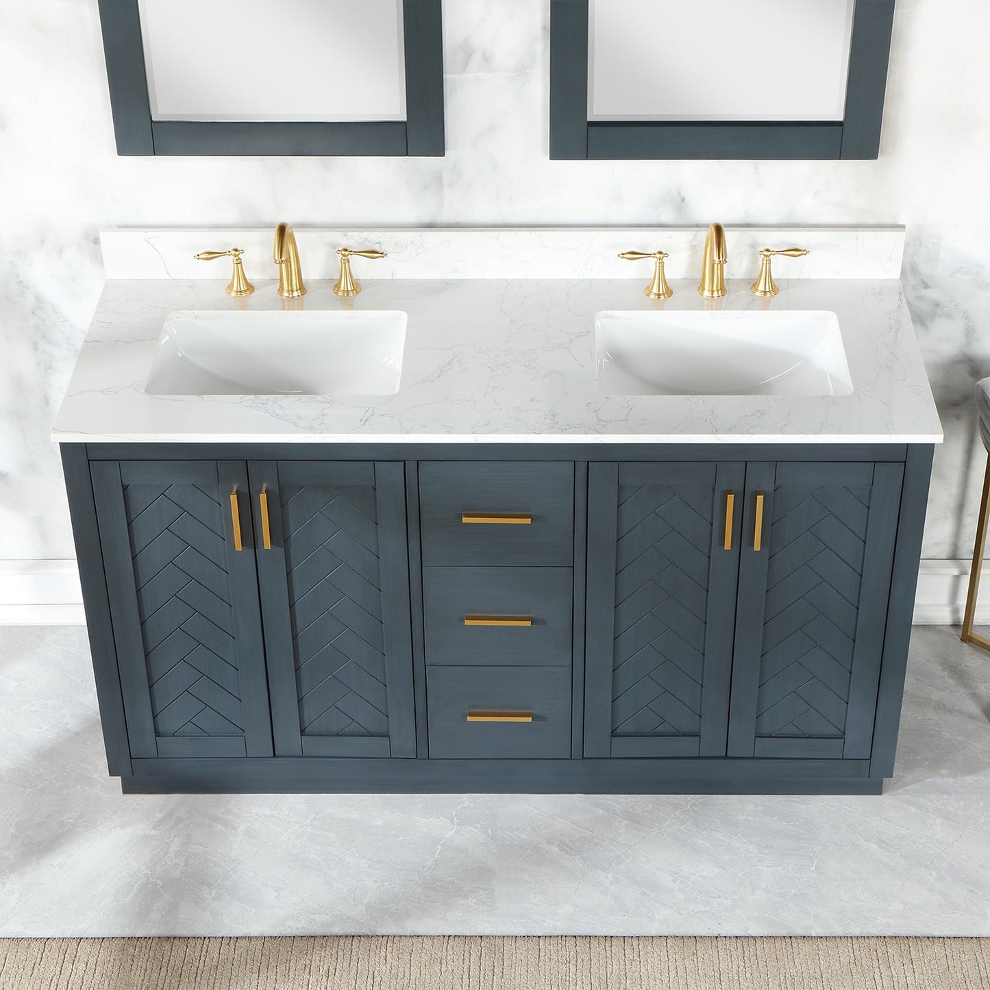 Gazsi 60" Double Bathroom Vanity Set in Classic Blue with Grain White Engineered Stone Countertop with Mirror