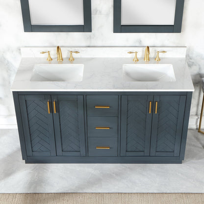 Gazsi 60" Double Bathroom Vanity Set in Classic Blue with Grain White Engineered Stone Countertop with Mirror