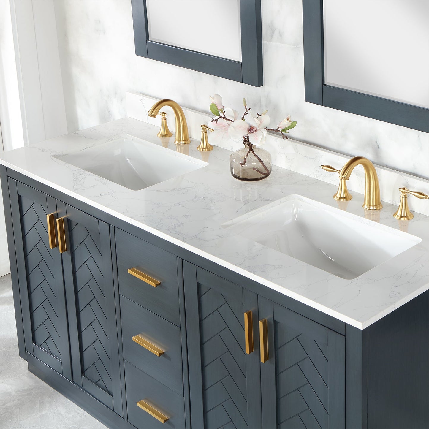 Gazsi 60" Double Bathroom Vanity Set in Classic Blue with Grain White Engineered Stone Countertop with Mirror