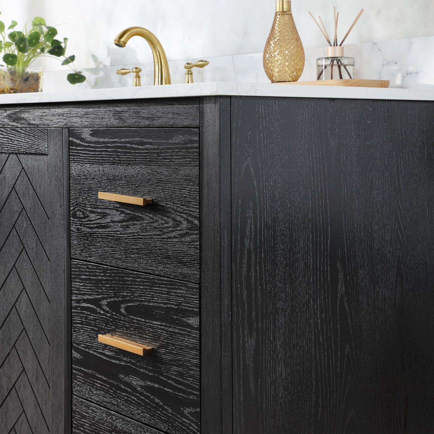 Gazsi 60" Single Bathroom Vanity Set in Black Oak with Grain White Engineered Stone Countertop without Mirror