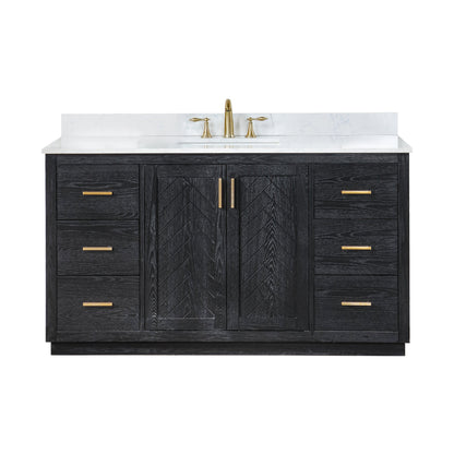 Gazsi 60" Single Bathroom Vanity Set in Black Oak with Grain White Engineered Stone Countertop without Mirror