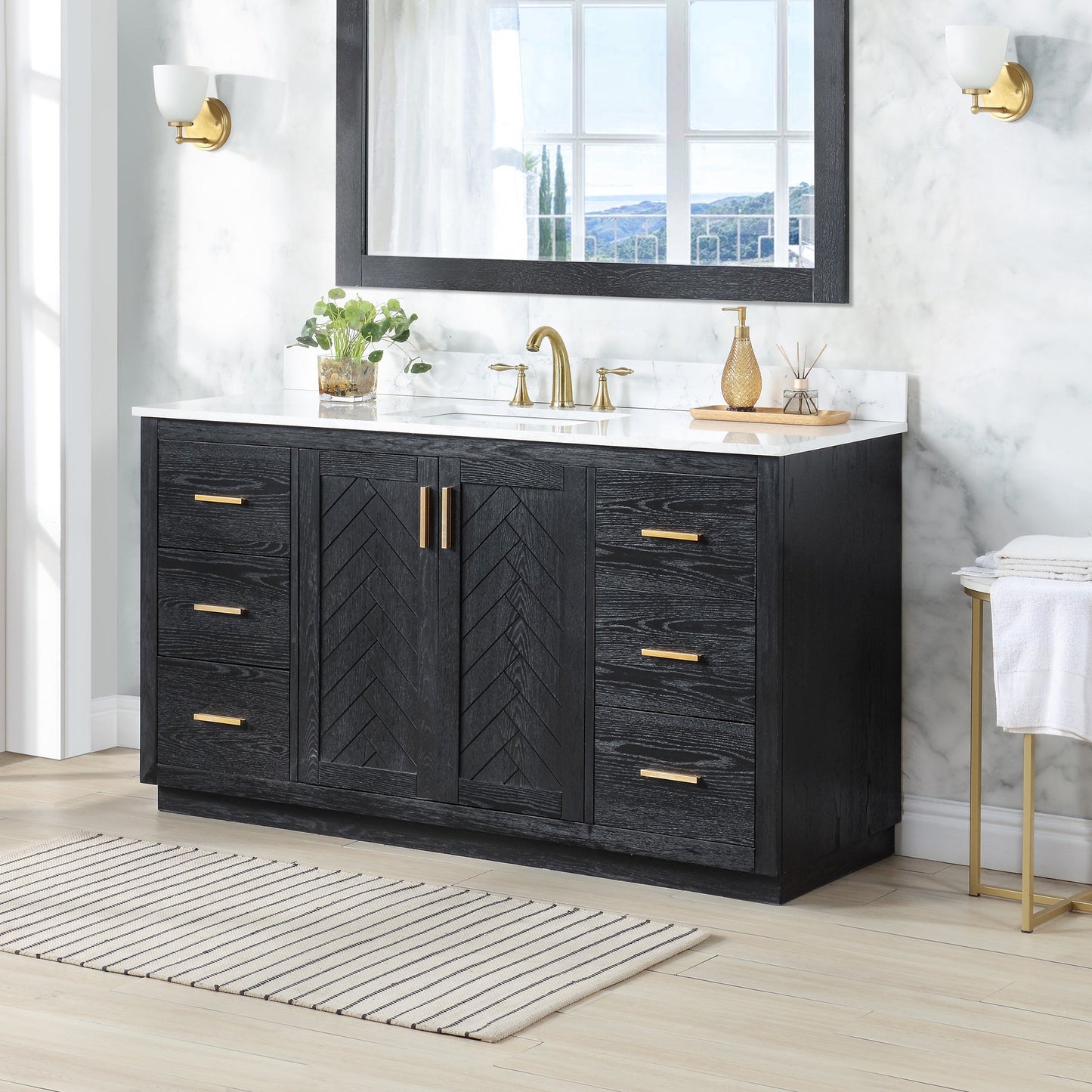 Gazsi 60" Single Bathroom Vanity Set in Black Oak with Grain White Engineered Stone Countertop without Mirror