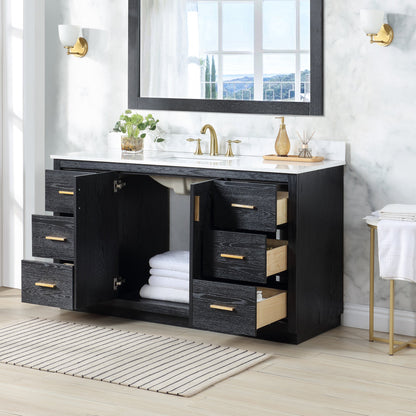 Gazsi 60" Single Bathroom Vanity Set in Black Oak with Grain White Engineered Stone Countertop without Mirror