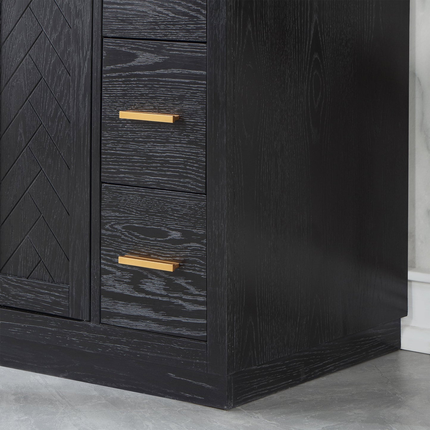 Gazsi 60" Single Bathroom Vanity Set in Black Oak with Grain White Engineered Stone Countertop with Mirror