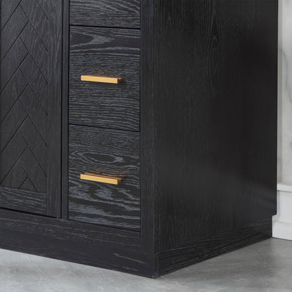 Gazsi 60" Single Bathroom Vanity Set in Black Oak with Grain White Engineered Stone Countertop with Mirror