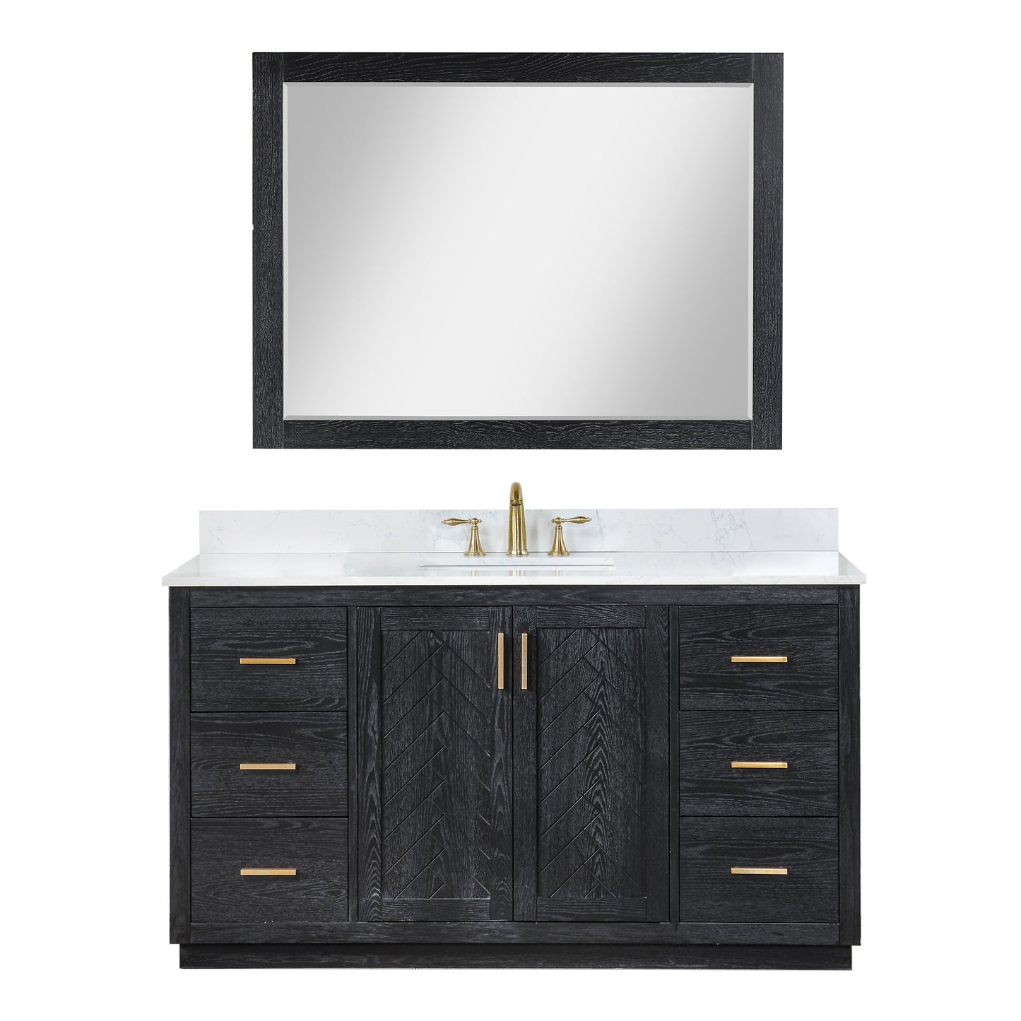 Gazsi 60" Single Bathroom Vanity Set in Black Oak with Grain White Engineered Stone Countertop with Mirror
