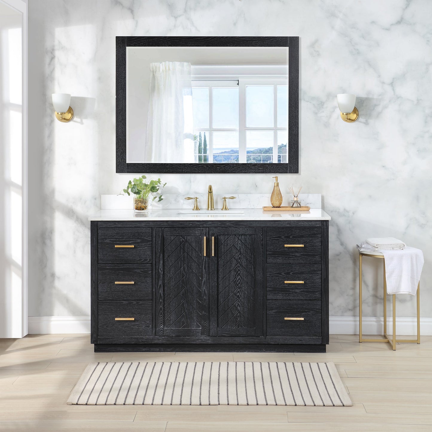 Gazsi 60" Single Bathroom Vanity Set in Black Oak with Grain White Engineered Stone Countertop with Mirror