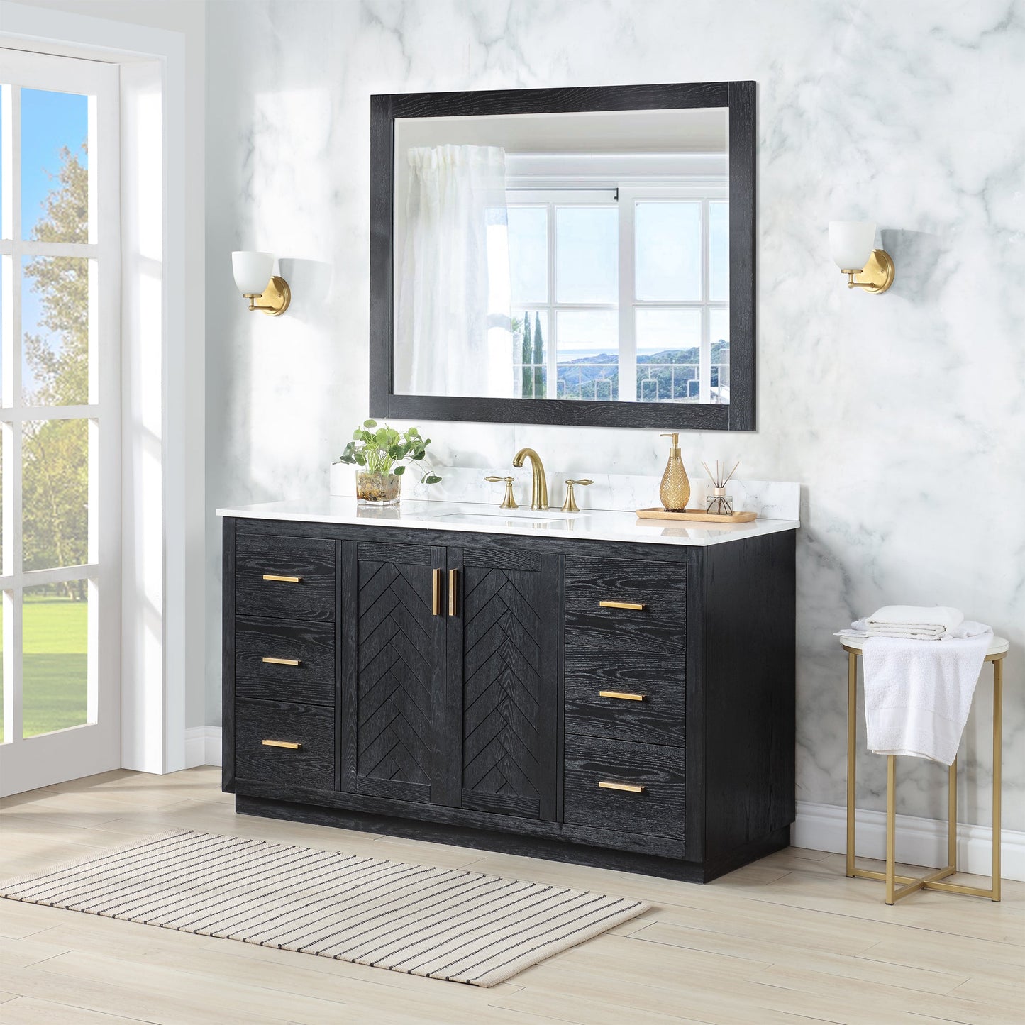 Gazsi 60" Single Bathroom Vanity Set in Black Oak with Grain White Engineered Stone Countertop with Mirror