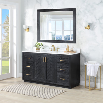Gazsi 60" Single Bathroom Vanity Set in Black Oak with Grain White Engineered Stone Countertop with Mirror
