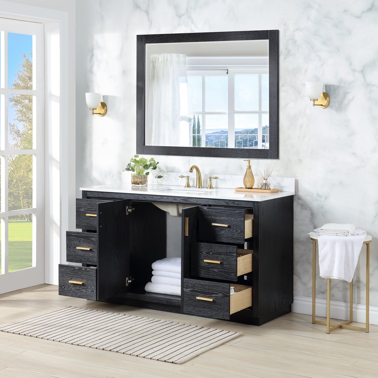 Gazsi 60" Single Bathroom Vanity Set in Black Oak with Grain White Engineered Stone Countertop with Mirror