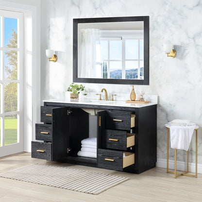 Gazsi 60" Single Bathroom Vanity Set in Black Oak with Grain White Engineered Stone Countertop with Mirror