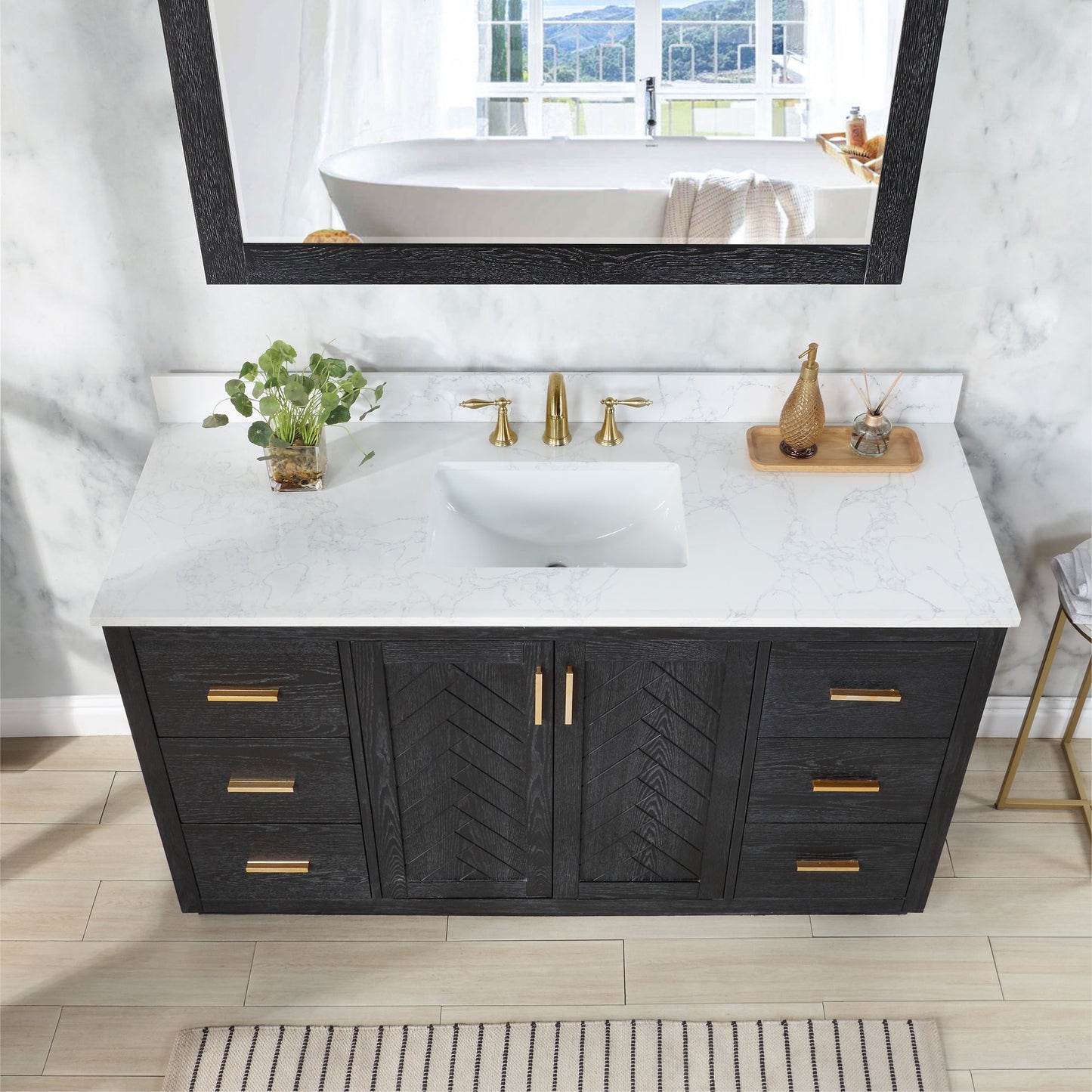 Gazsi 60" Single Bathroom Vanity Set in Black Oak with Grain White Engineered Stone Countertop with Mirror