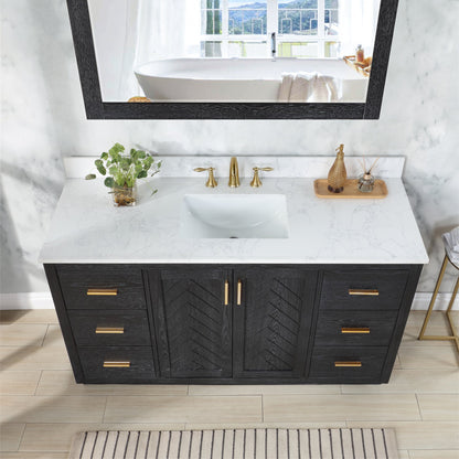 Gazsi 60" Single Bathroom Vanity Set in Black Oak with Grain White Engineered Stone Countertop with Mirror