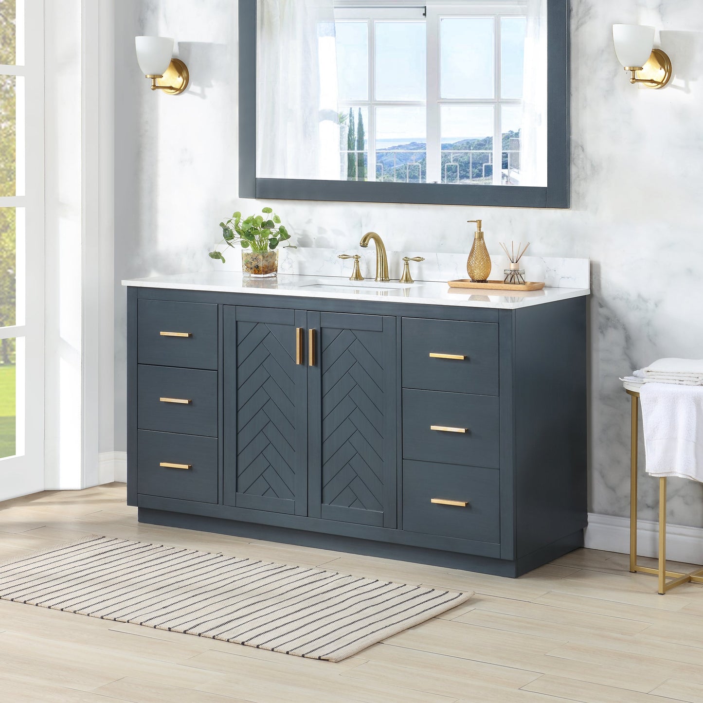 Gazsi 60" Single Bathroom Vanity Set in Classic Blue with Grain White Engineered Stone Countertop without Mirror