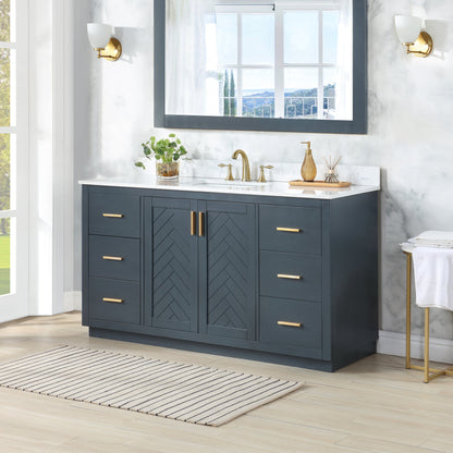 Gazsi 60" Single Bathroom Vanity Set in Classic Blue with Grain White Engineered Stone Countertop without Mirror