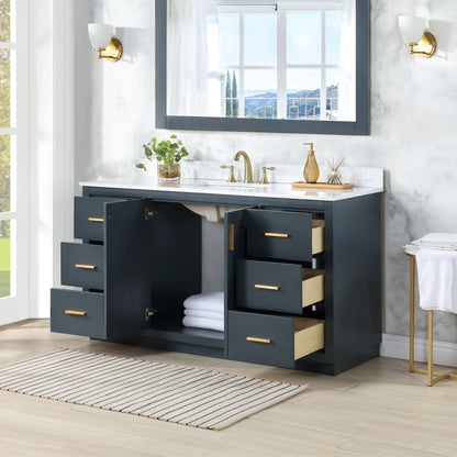 Gazsi 60" Single Bathroom Vanity Set in Classic Blue with Grain White Engineered Stone Countertop without Mirror