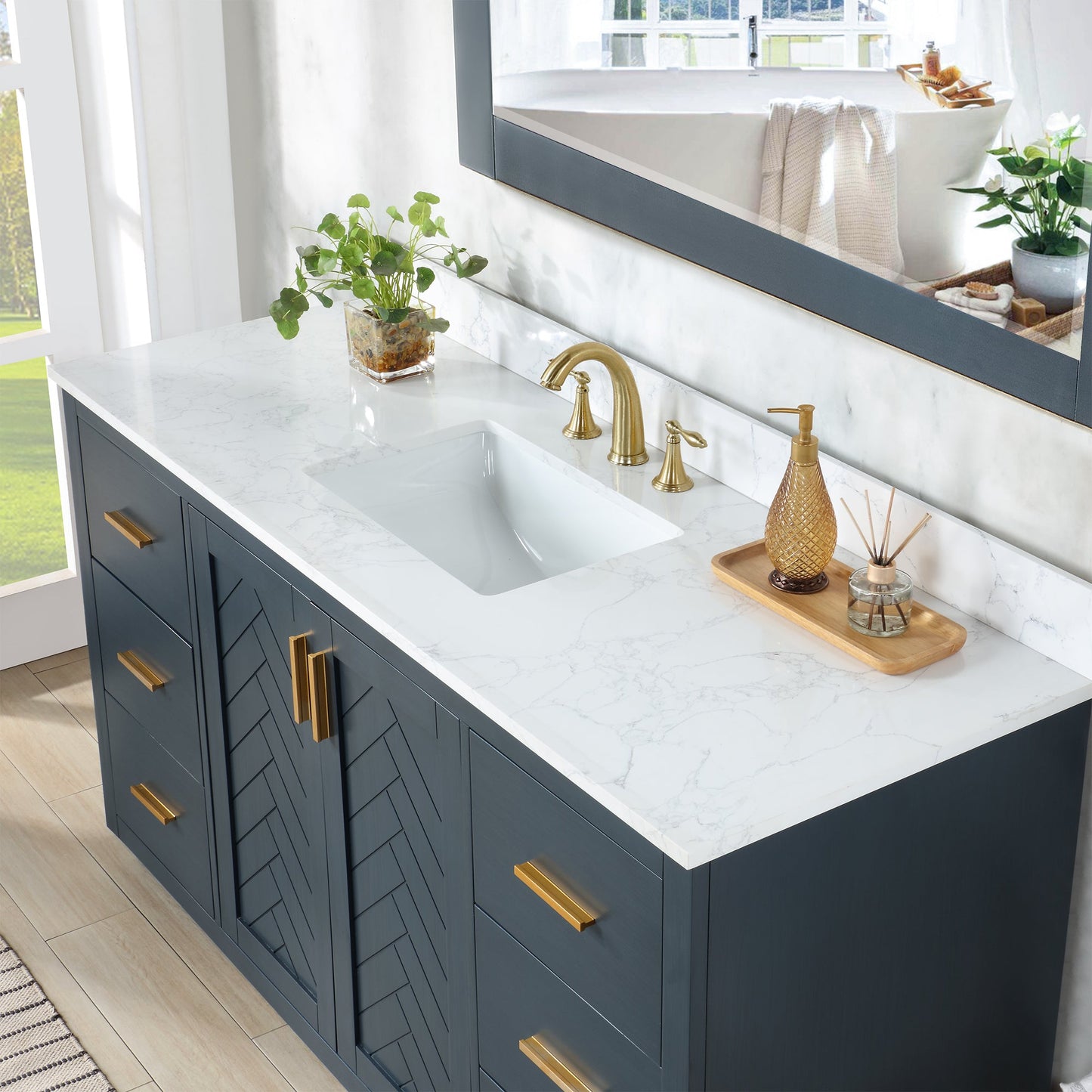 Gazsi 60" Single Bathroom Vanity Set in Classic Blue with Grain White Engineered Stone Countertop without Mirror
