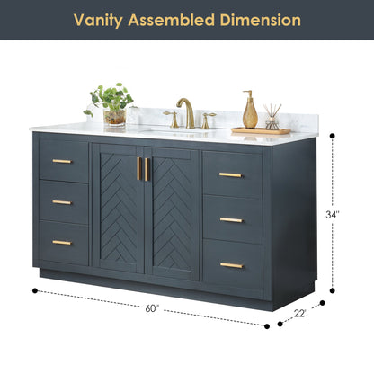Gazsi 60" Single Bathroom Vanity Set in Classic Blue with Grain White Engineered Stone Countertop with Mirror