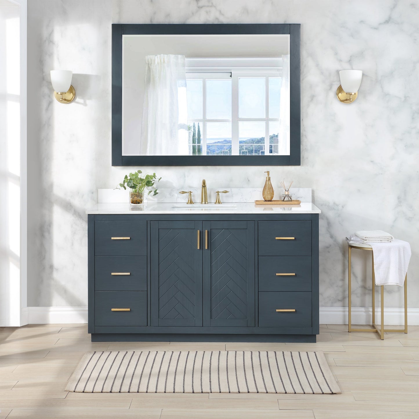 Gazsi 60" Single Bathroom Vanity Set in Classic Blue with Grain White Engineered Stone Countertop with Mirror