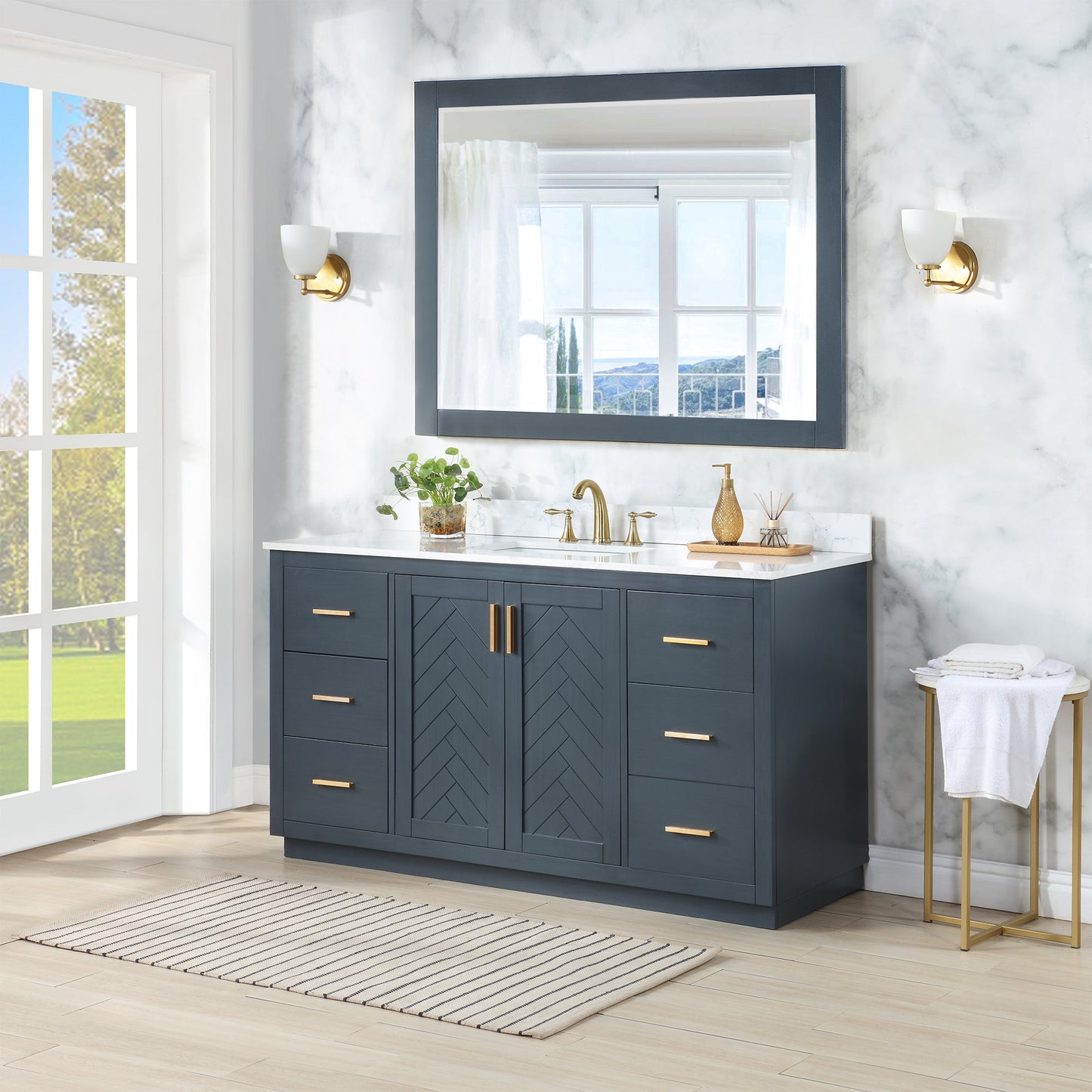 Gazsi 60" Single Bathroom Vanity Set in Classic Blue with Grain White Engineered Stone Countertop with Mirror